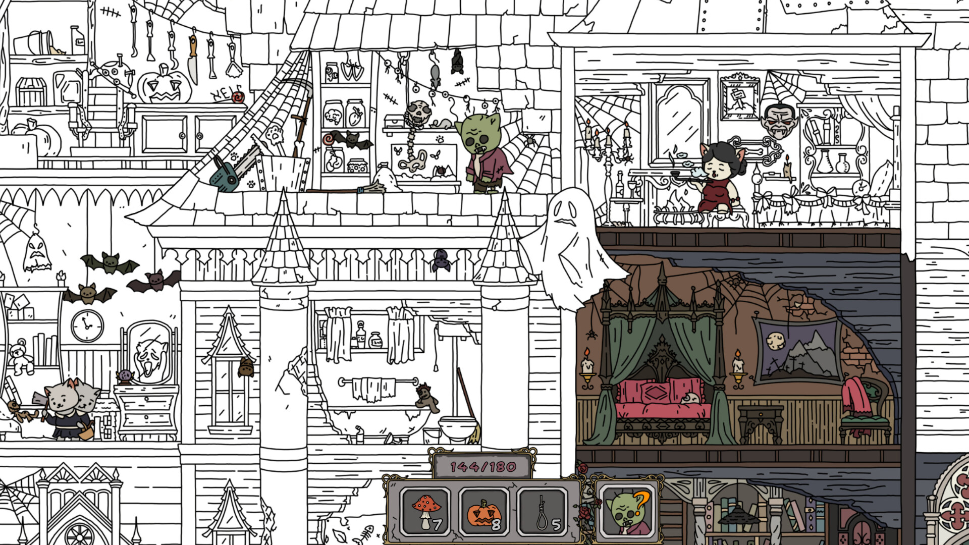 遊戲中充滿萬聖節元素的場景，有南瓜、鬼魂等可愛圖案。