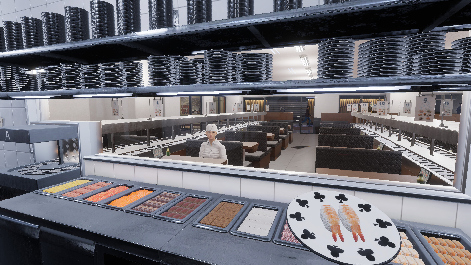 遊戲中的壽司店內部，燈光明亮，看似平靜。