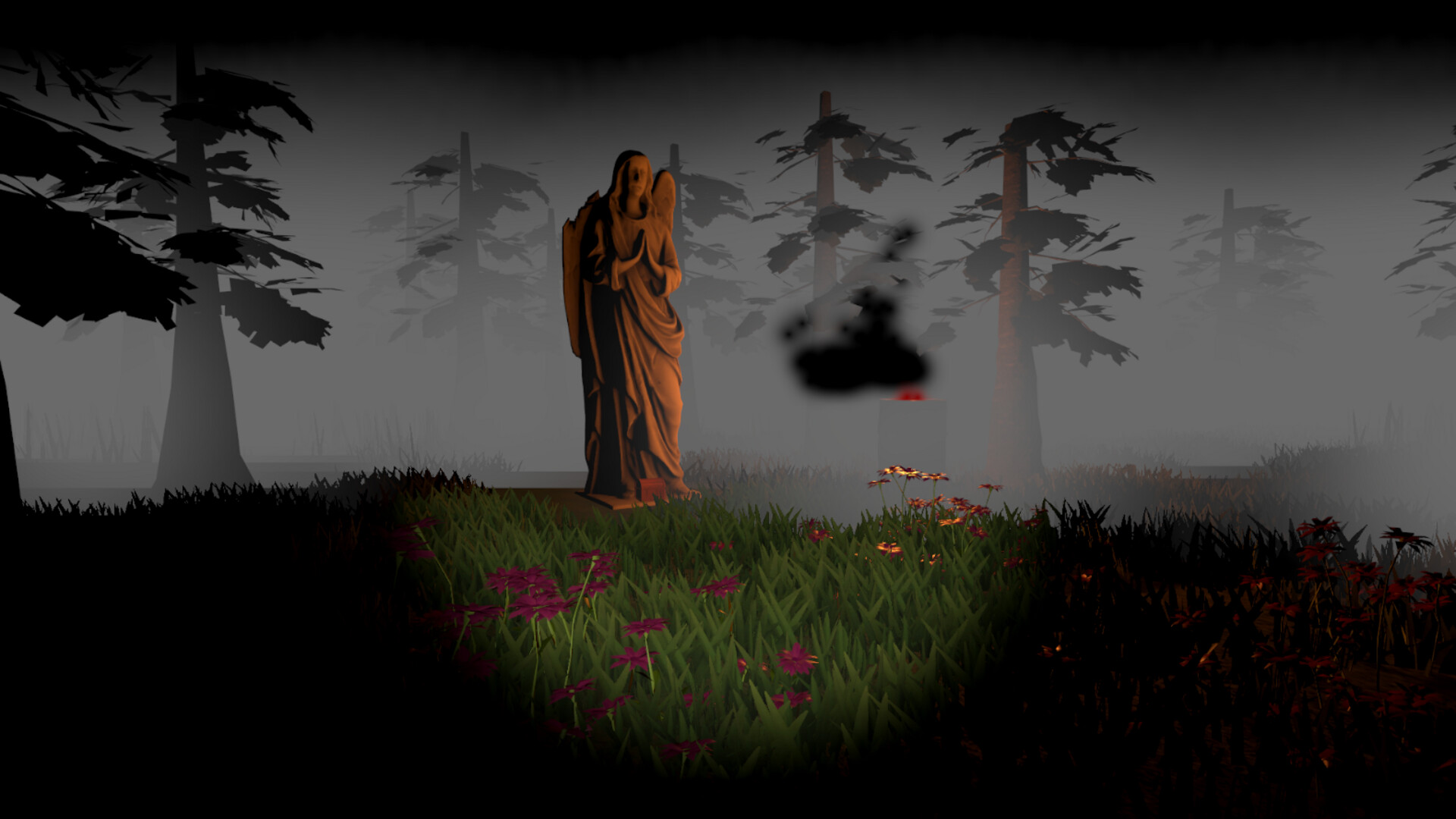 遊戲截圖,展示了墓園中一個被霧氣籠罩的區域,遠處有微弱的光源。