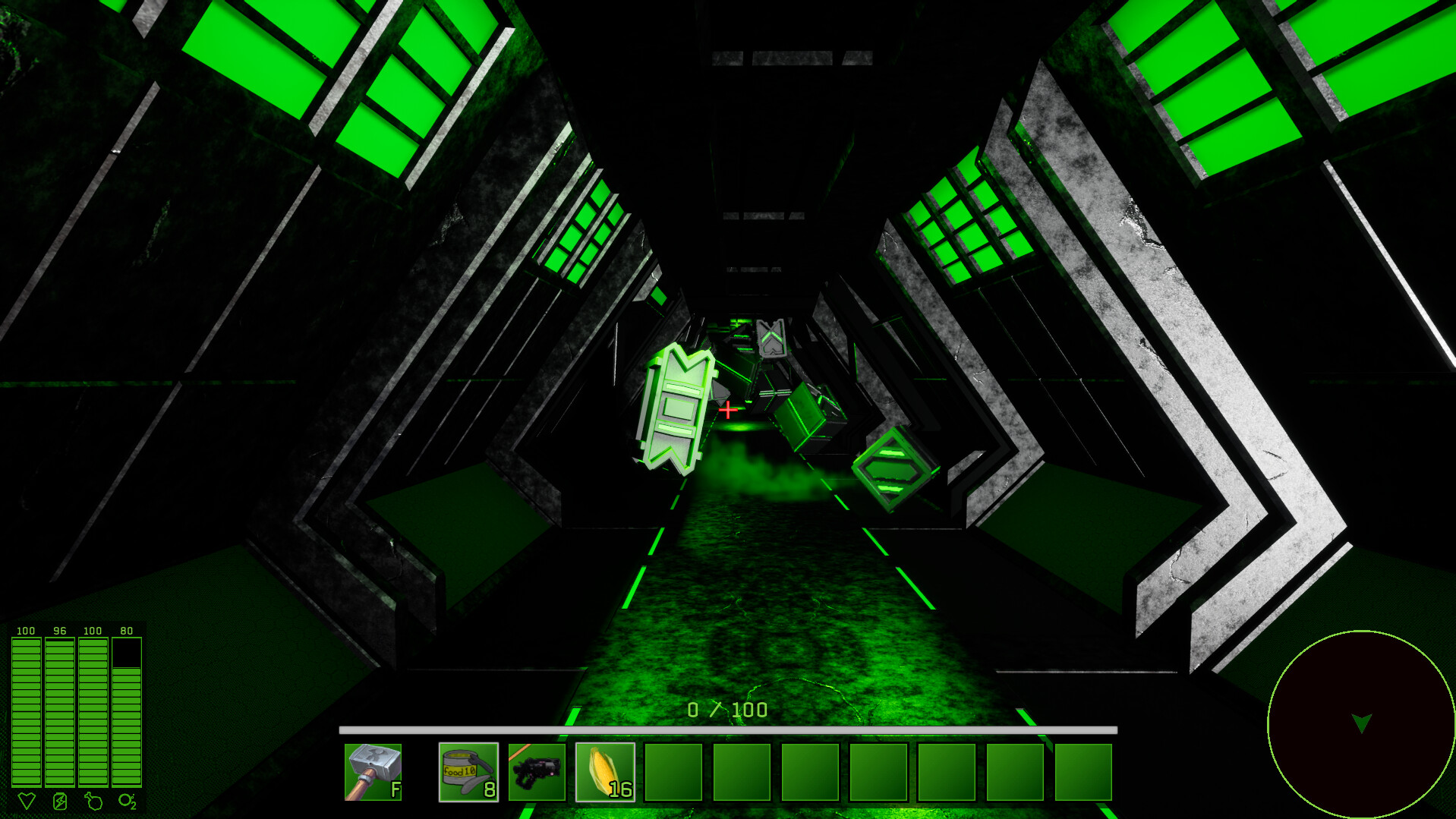 遊戲中的太空船內部場景，充滿了科幻與破損的美感。