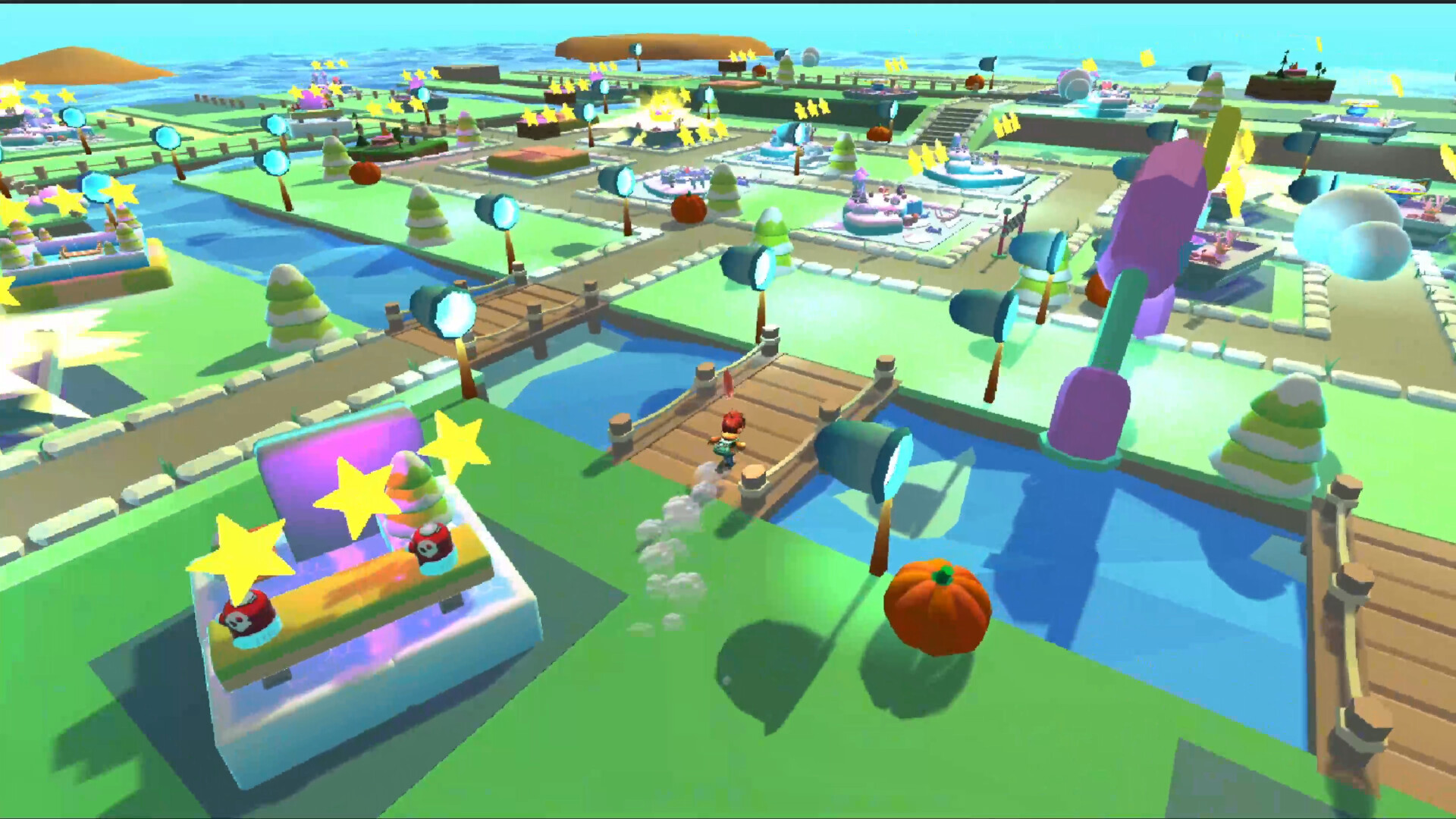 主角在一個由巨大方塊構成的區域跳躍。