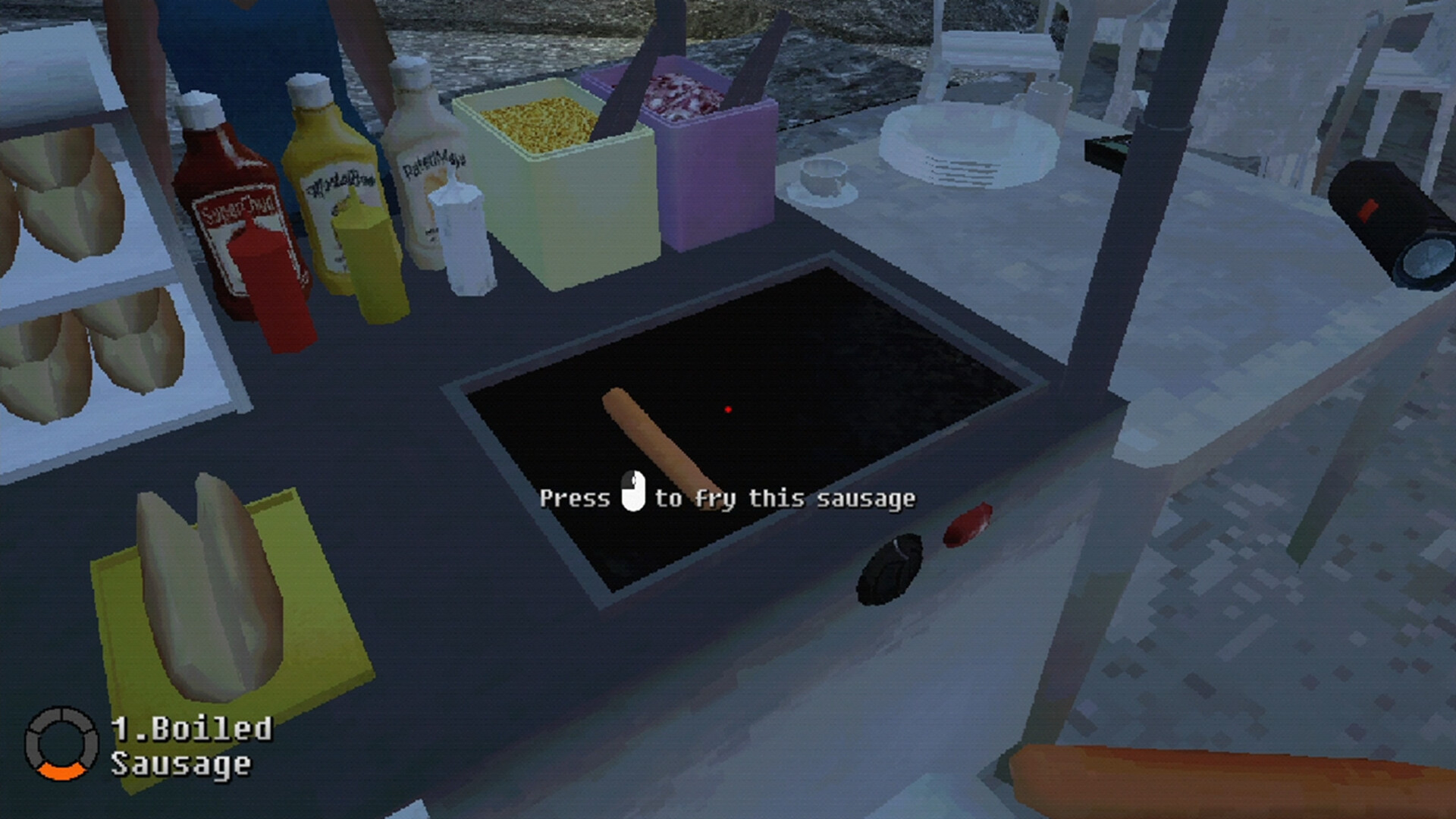 玩家在一個室內空間進行調查,牆上掛著奇特的畫作