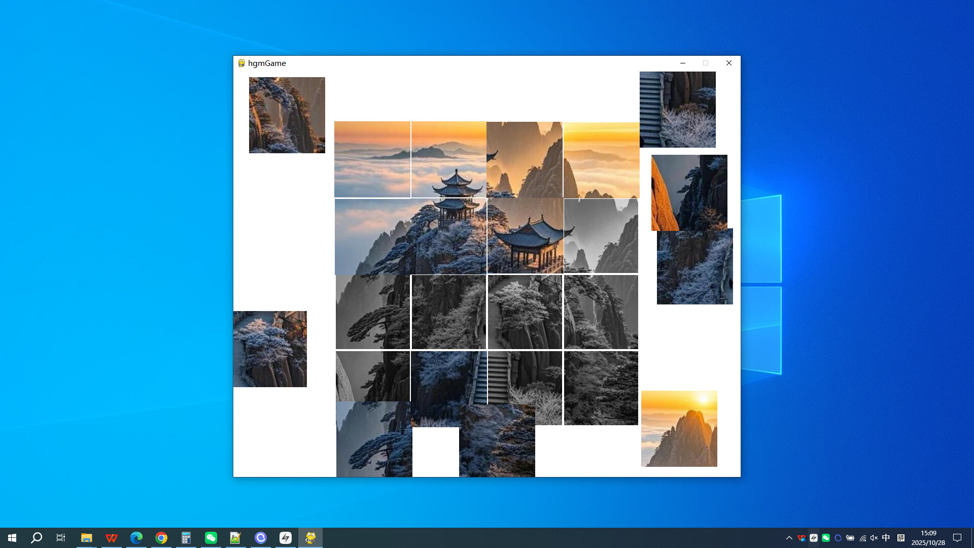 遊戲中的拼圖碎片散落在灰色底板上,等待玩家還原。