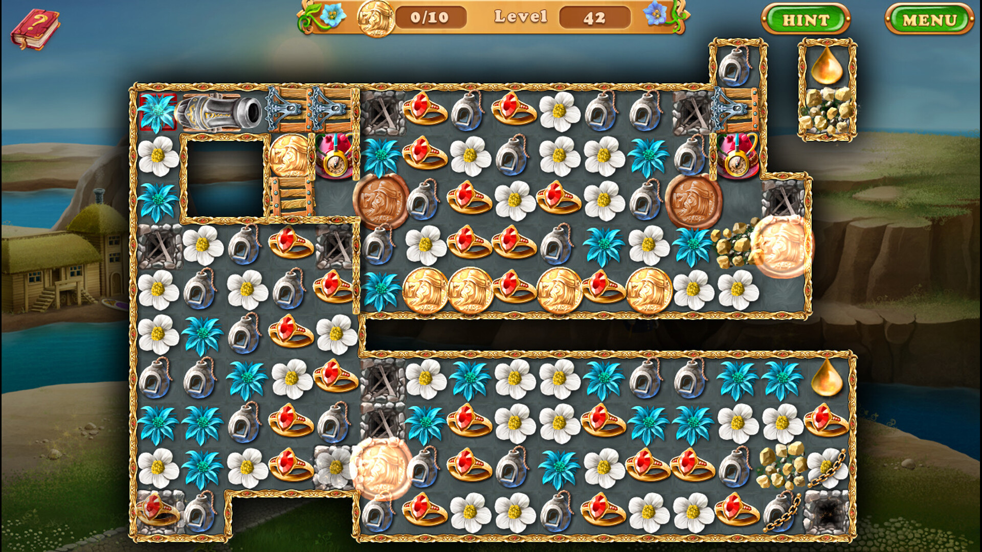 遊戲中的三消關卡介面，盤面上有各種顏色的元素和特殊的障礙物。