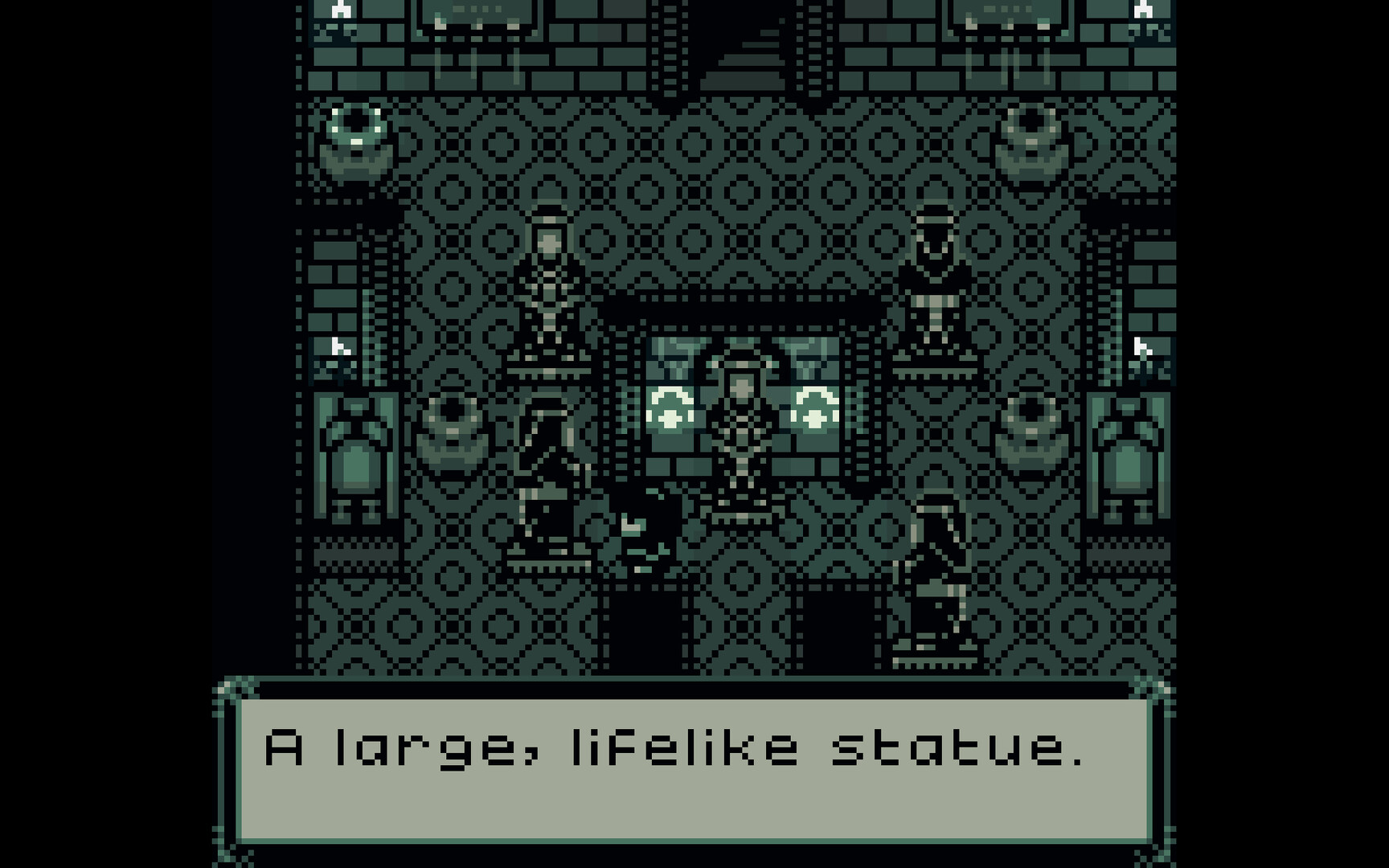 玩家角色在一個充滿雕像的房間中，準備開始解謎。