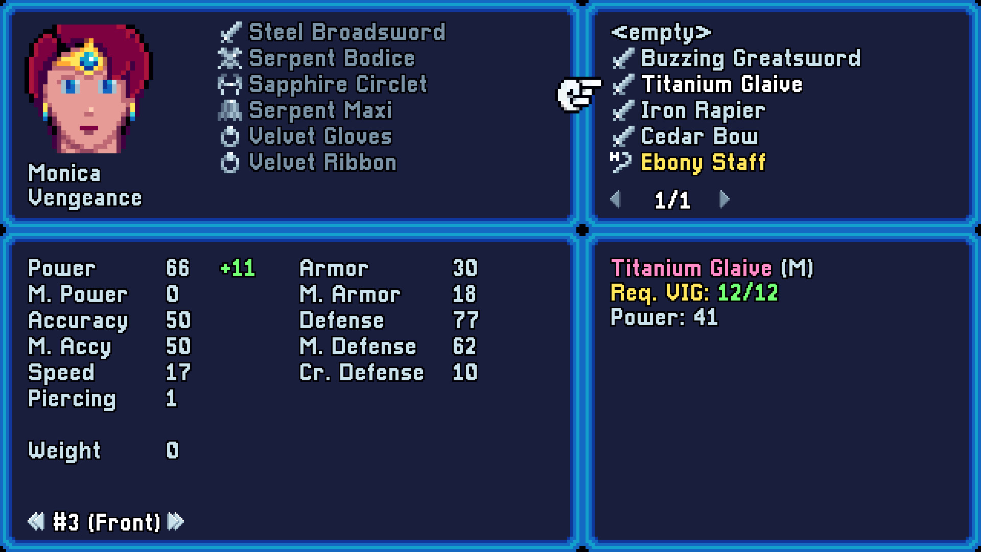 裝備介面，顯示了武器的詳細數值對比。