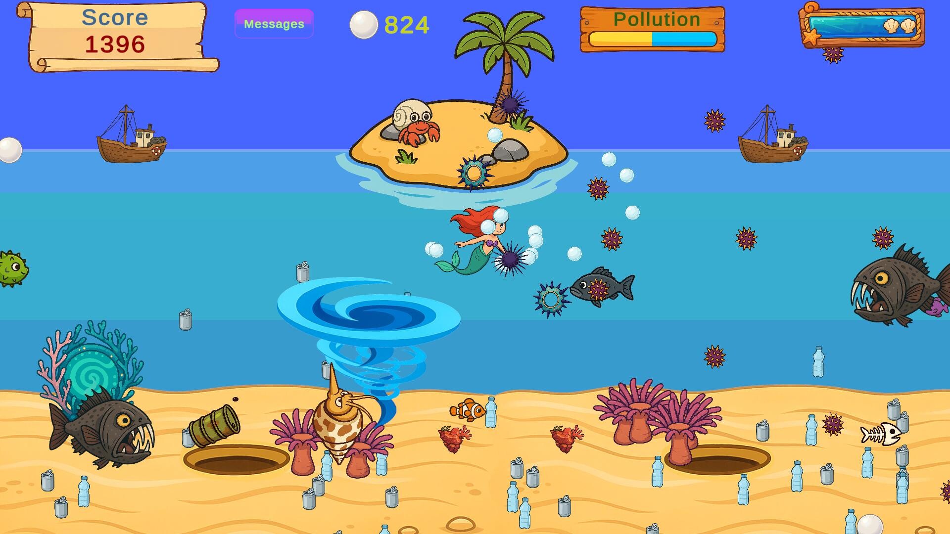 美人魚在珊瑚礁中與魚群戰鬥的遊戲畫面。