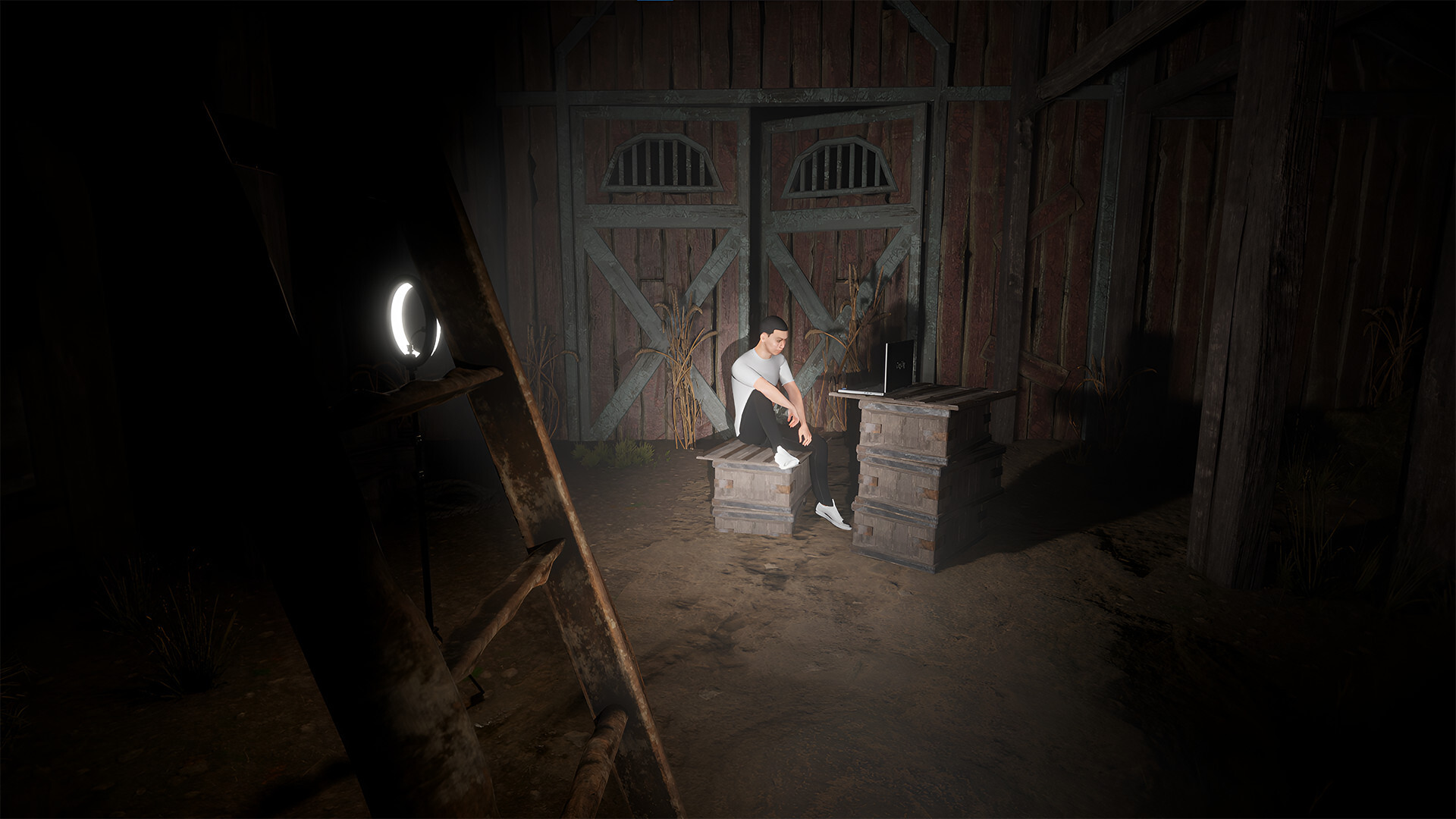 伊森獨自一人走在陰暗的走廊上，手電筒是唯一的光源。