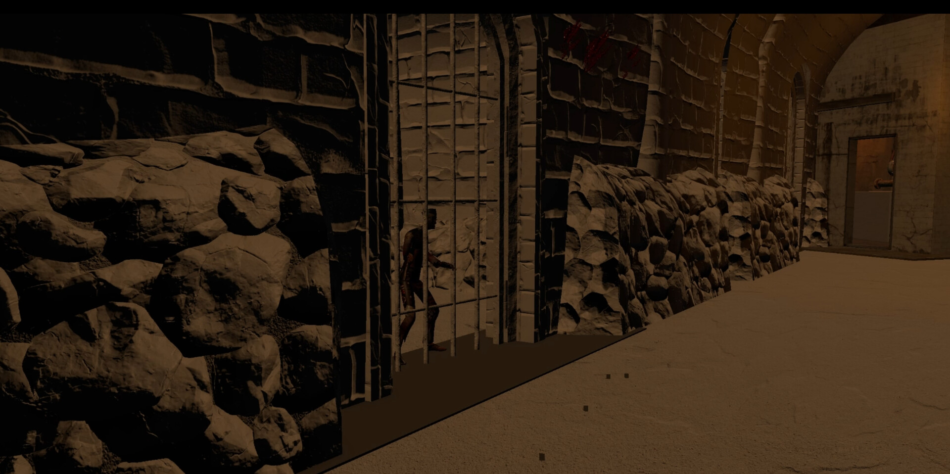 遊戲中一個黑暗的場景，僅有少量光源，突顯了探索和未知的恐懼。