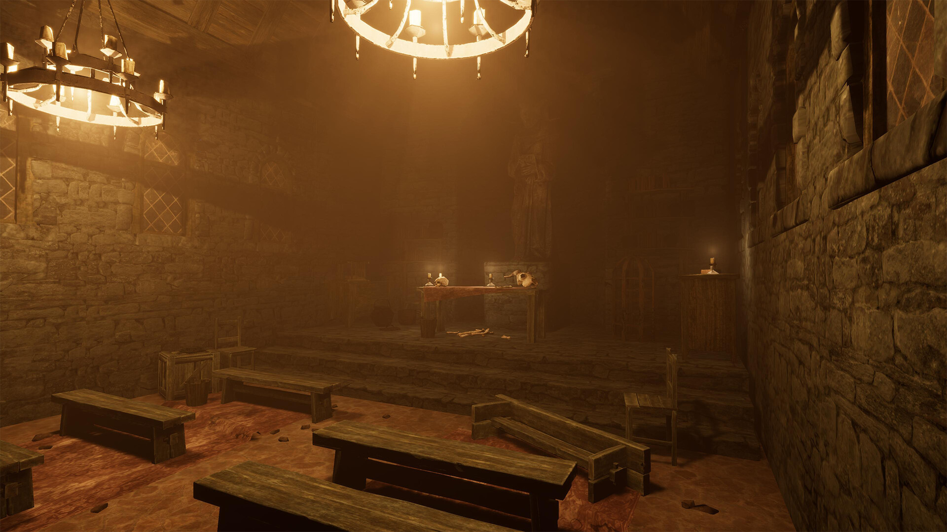 遊戲中的一個戶外場景，有著破敗的木屋和詭異的稻草人