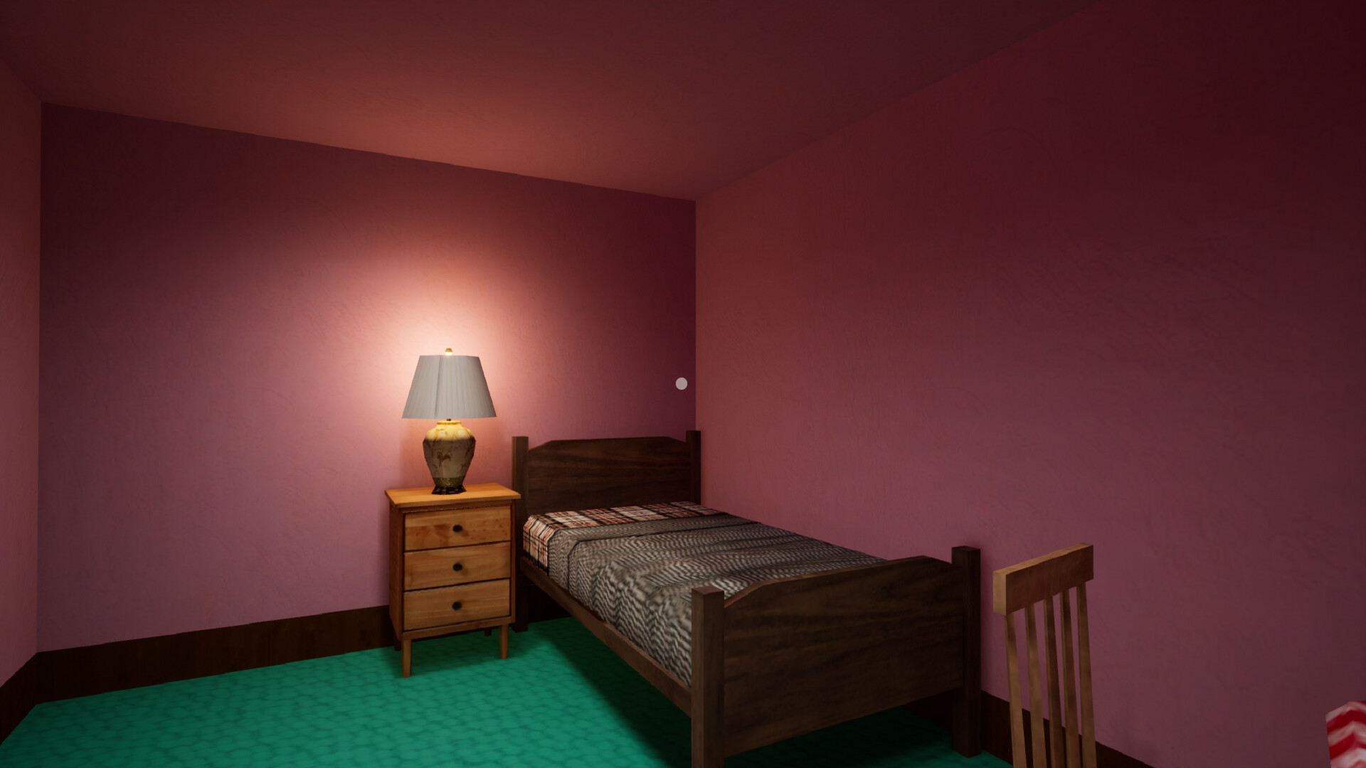 一個黑暗的場景，牆上似乎有血跡，營造出恐怖的氛圍。