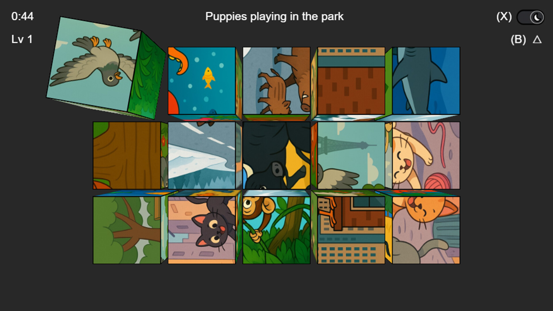 遊戲中一個色彩繽紛的卡通風格關卡。