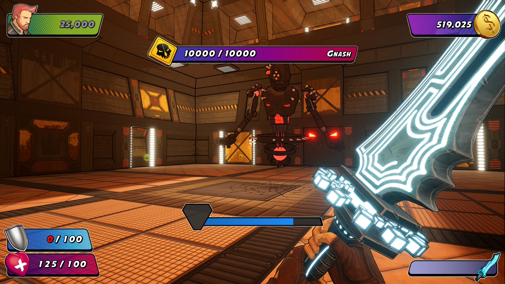 玩家手持一把充滿科幻感的能量武器，準備攻擊遠處的敵人。