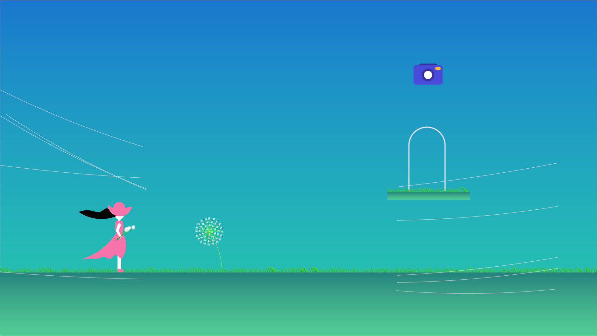 角色飛向一個有著發光蘑菇和瀑布的島嶼