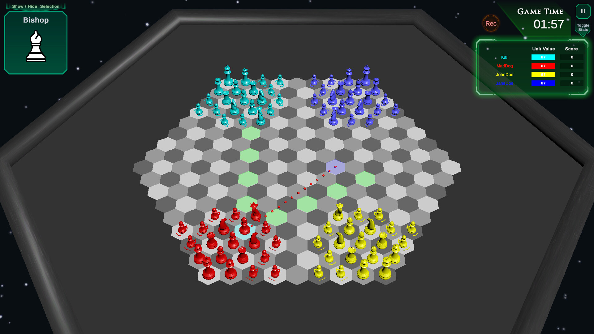 遊戲的用戶界面，清晰地展示了計時器、玩家狀態和棋盤信息。