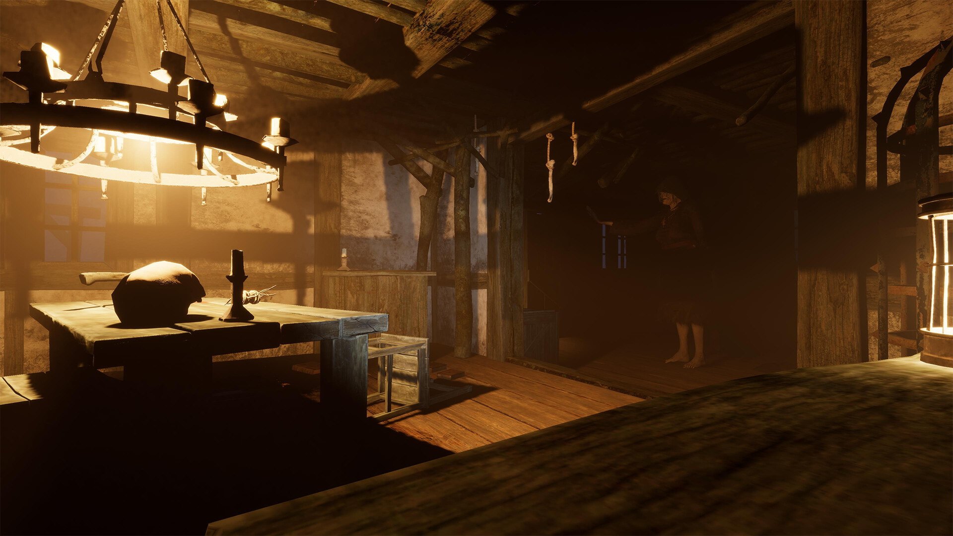 遊戲中一個黑暗的室內環境，光線從窗戶透入，充滿懸疑感