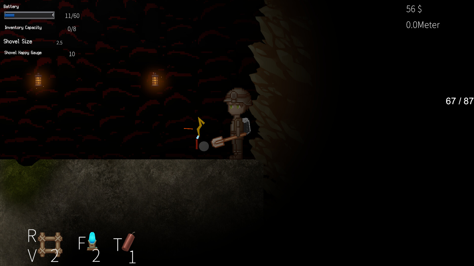 主角使用噴射背包飛越一段距離，下方是深不見底的礦坑。