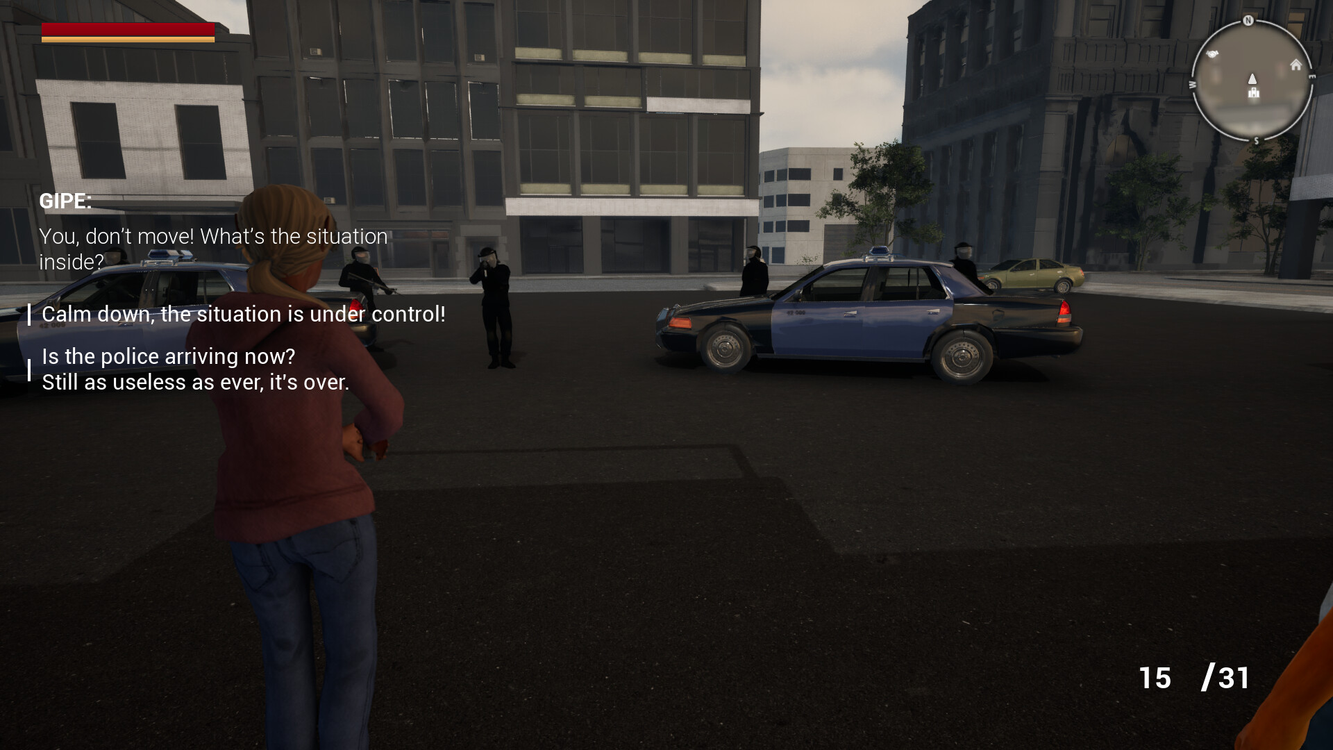 角色駕駛著一輛裝甲車輛在道路上行駛。