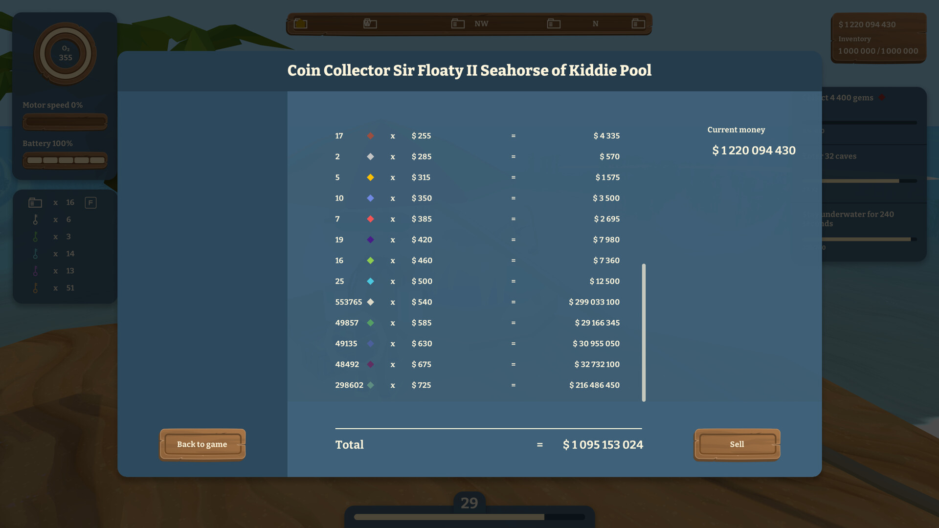 遊戲的升級介面,展示了各種可購買的潛水裝備。