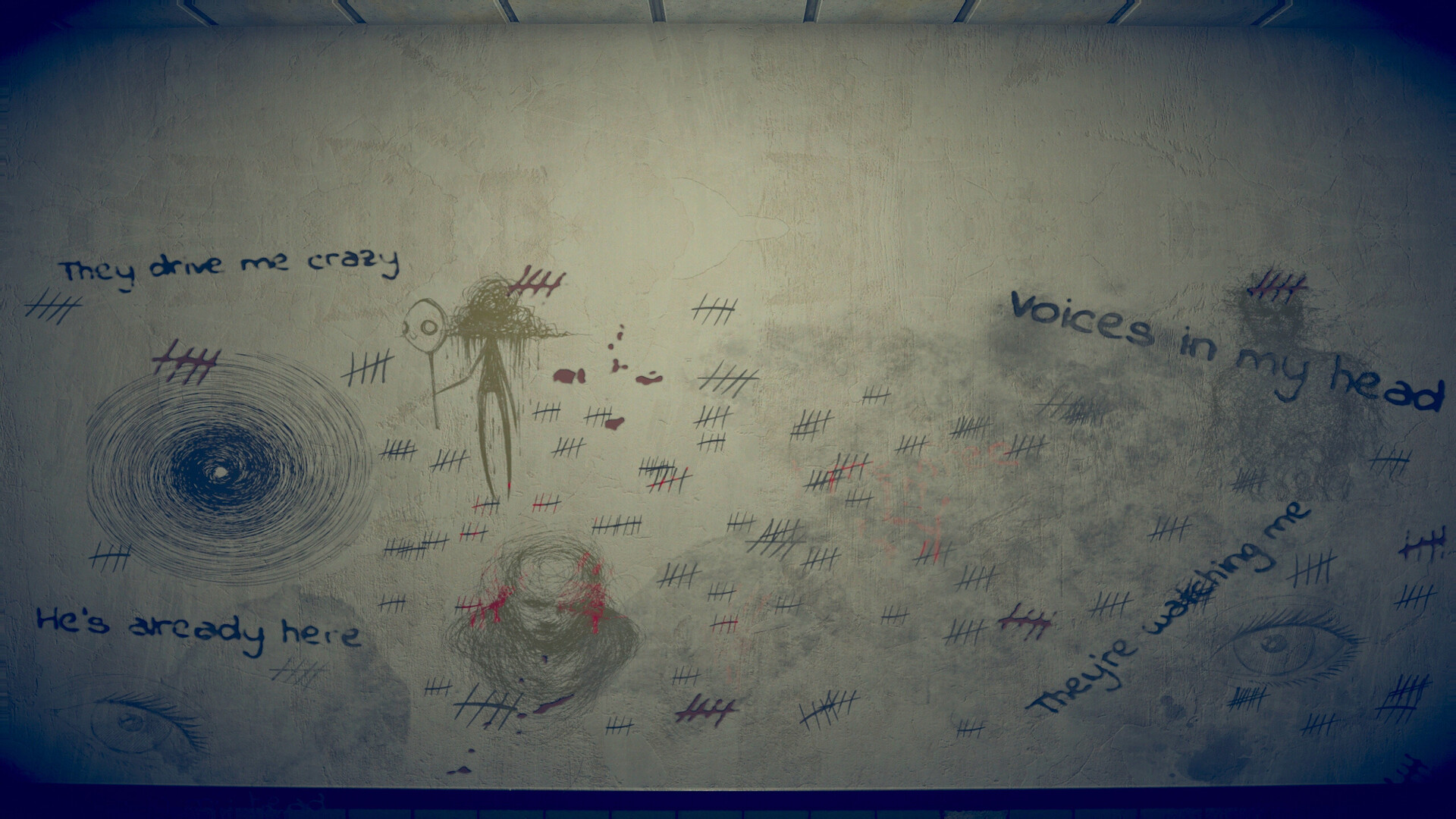 遊戲中的一個戶外場景,顯示了一座廢棄建築的入口,周圍樹木環繞,氣氛詭異。