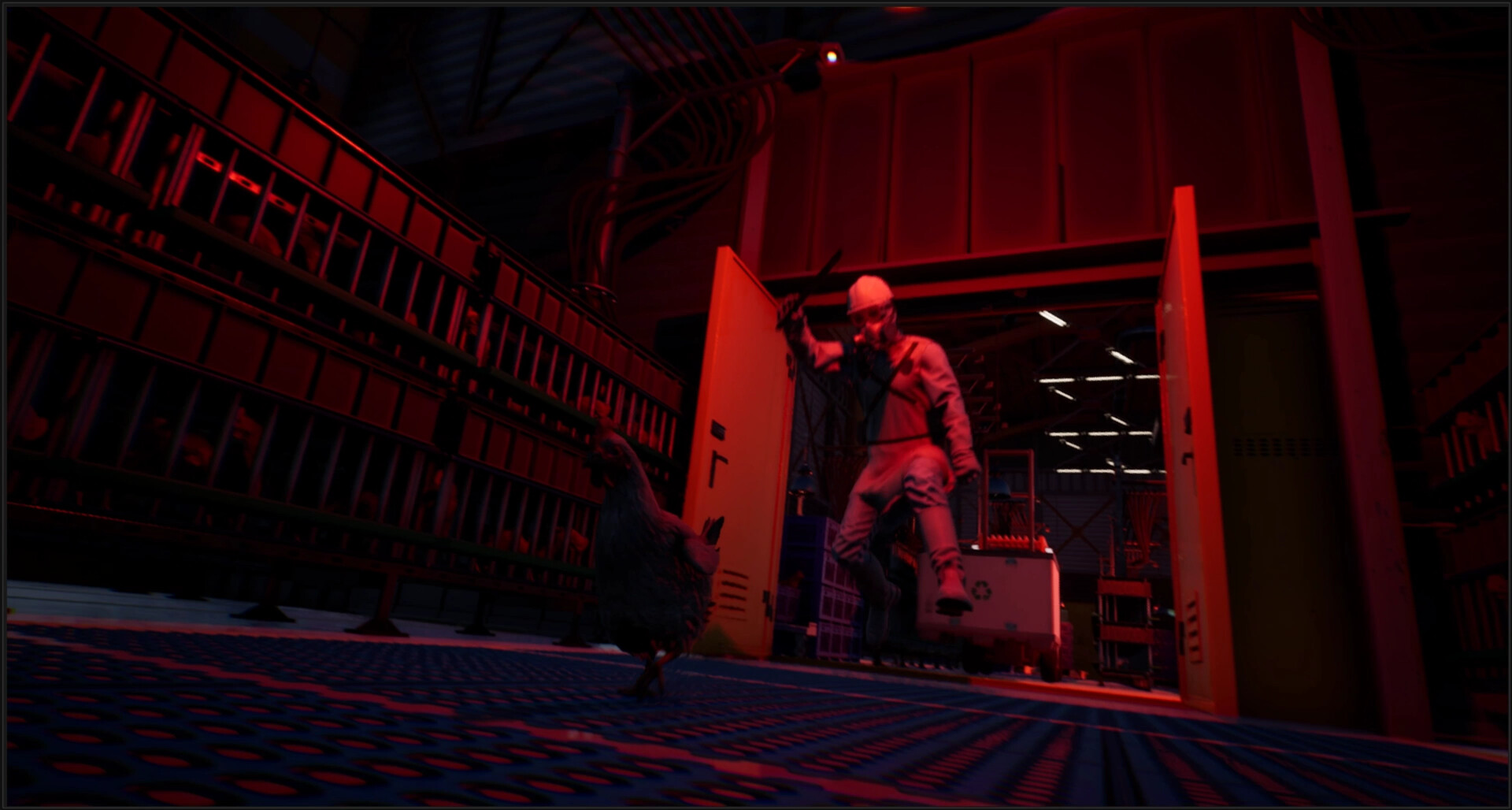 一隻雞躲在箱子後面,窺視著一個拿著網的男人。