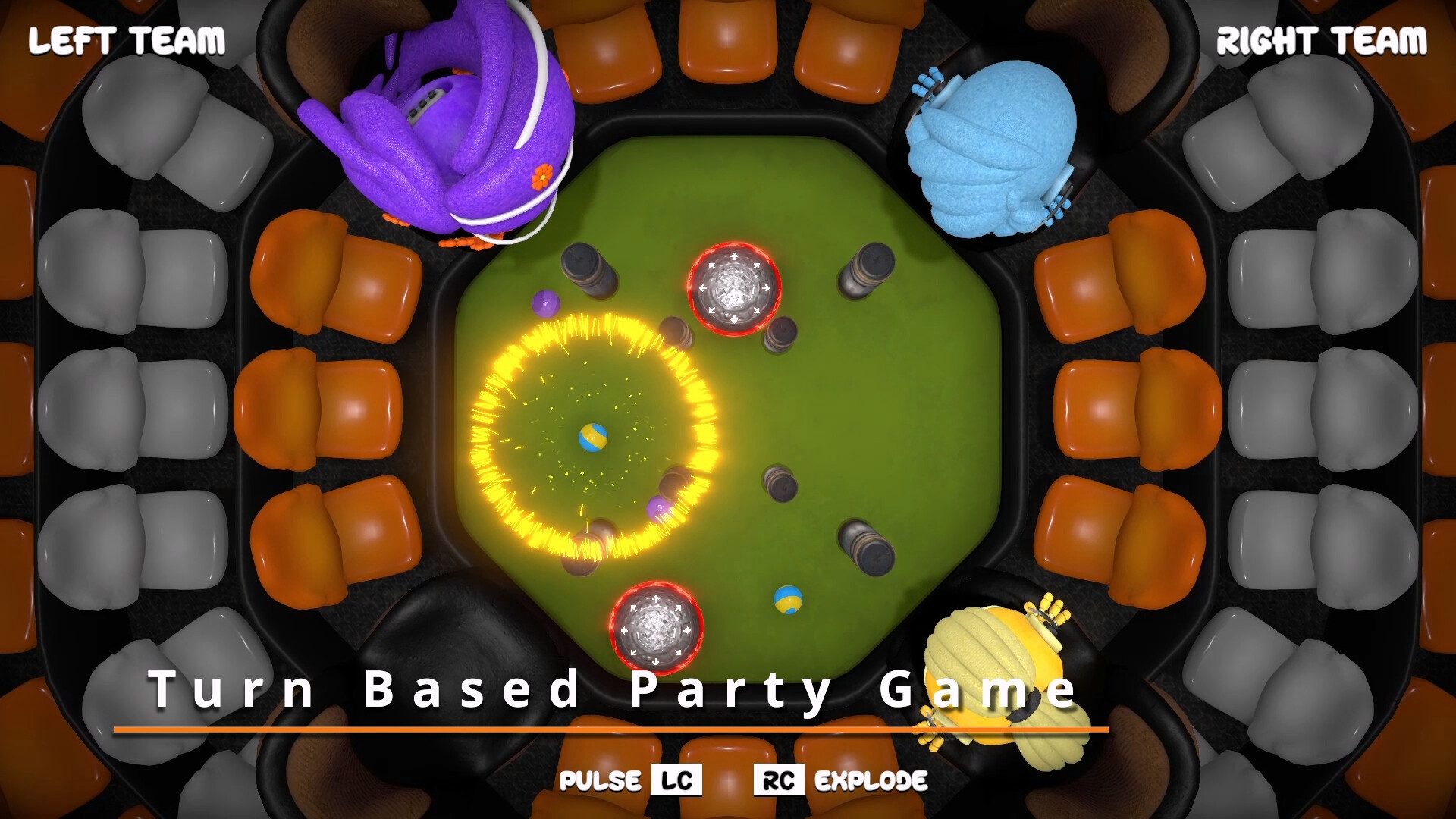 一個類似足球場的競技場,彈珠們正在爭搶中間的方塊物體。