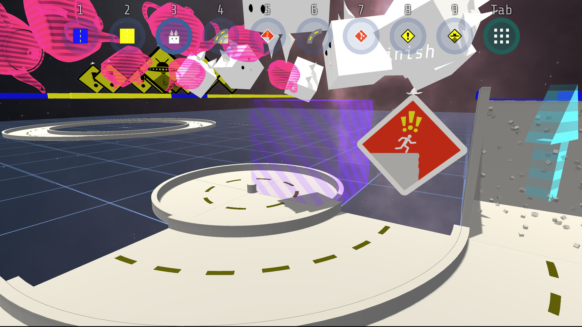 Kartfinity 遊戲畫面,一輛卡丁車在色彩鮮豔的賽道上行駛,周圍有許多幾何形狀的裝飾。