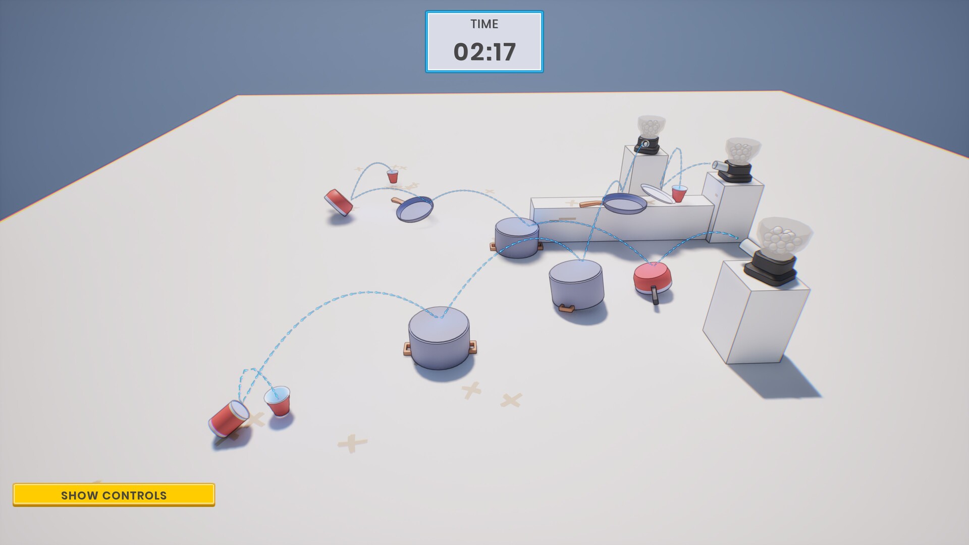 遊戲中的一個關卡，背景是一個舒適的房間，有多種物件可供玩家擺放。