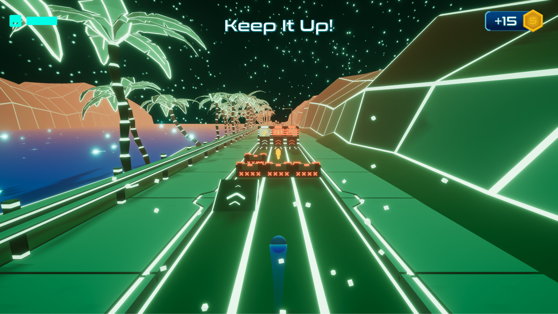 遊戲截圖，展示了一顆滾球在充滿霓虹燈光和幾何障礙的複雜賽道上滾動。