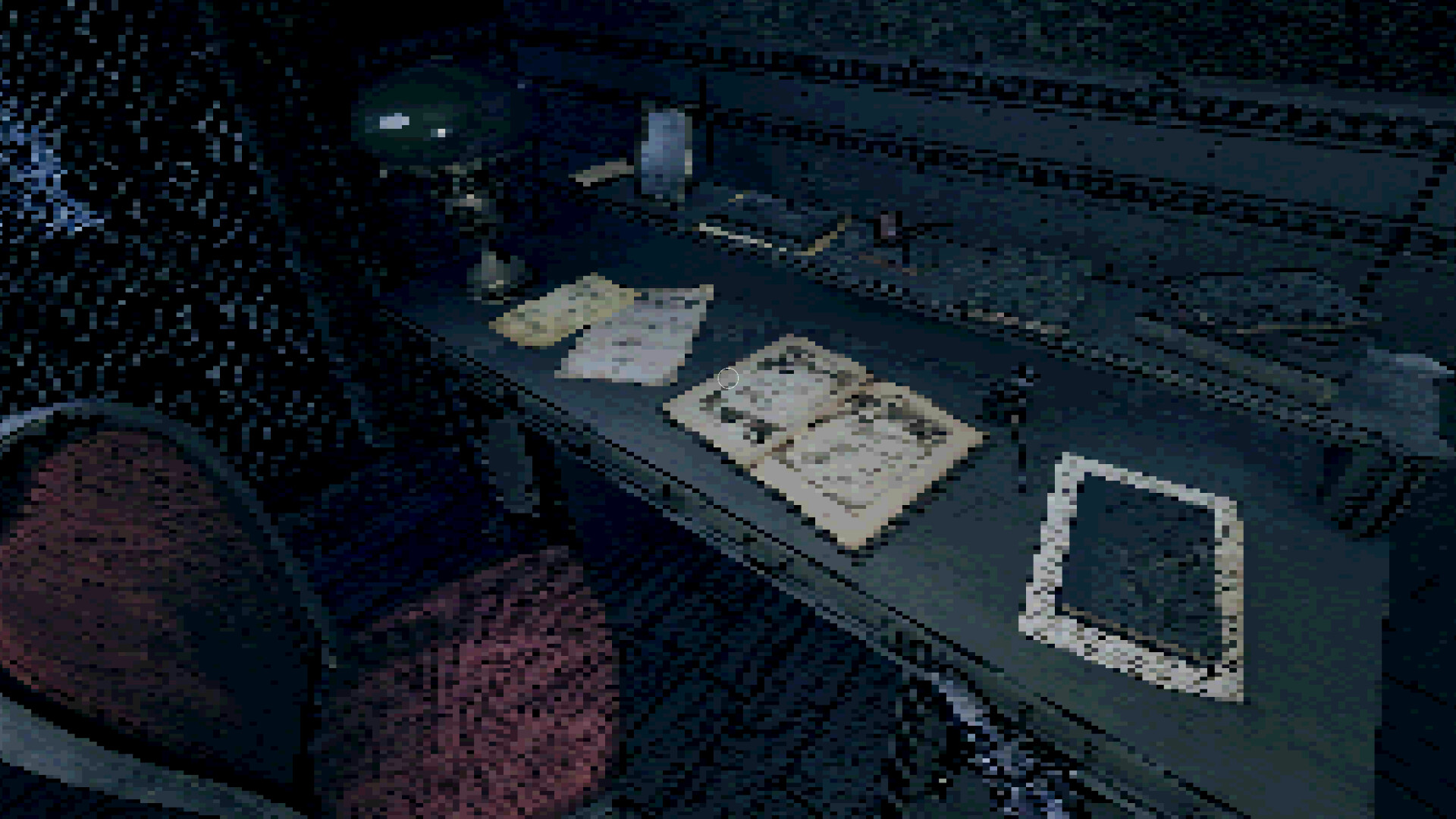 遊戲場景充滿了復古的電腦設備和詭異的紅光。