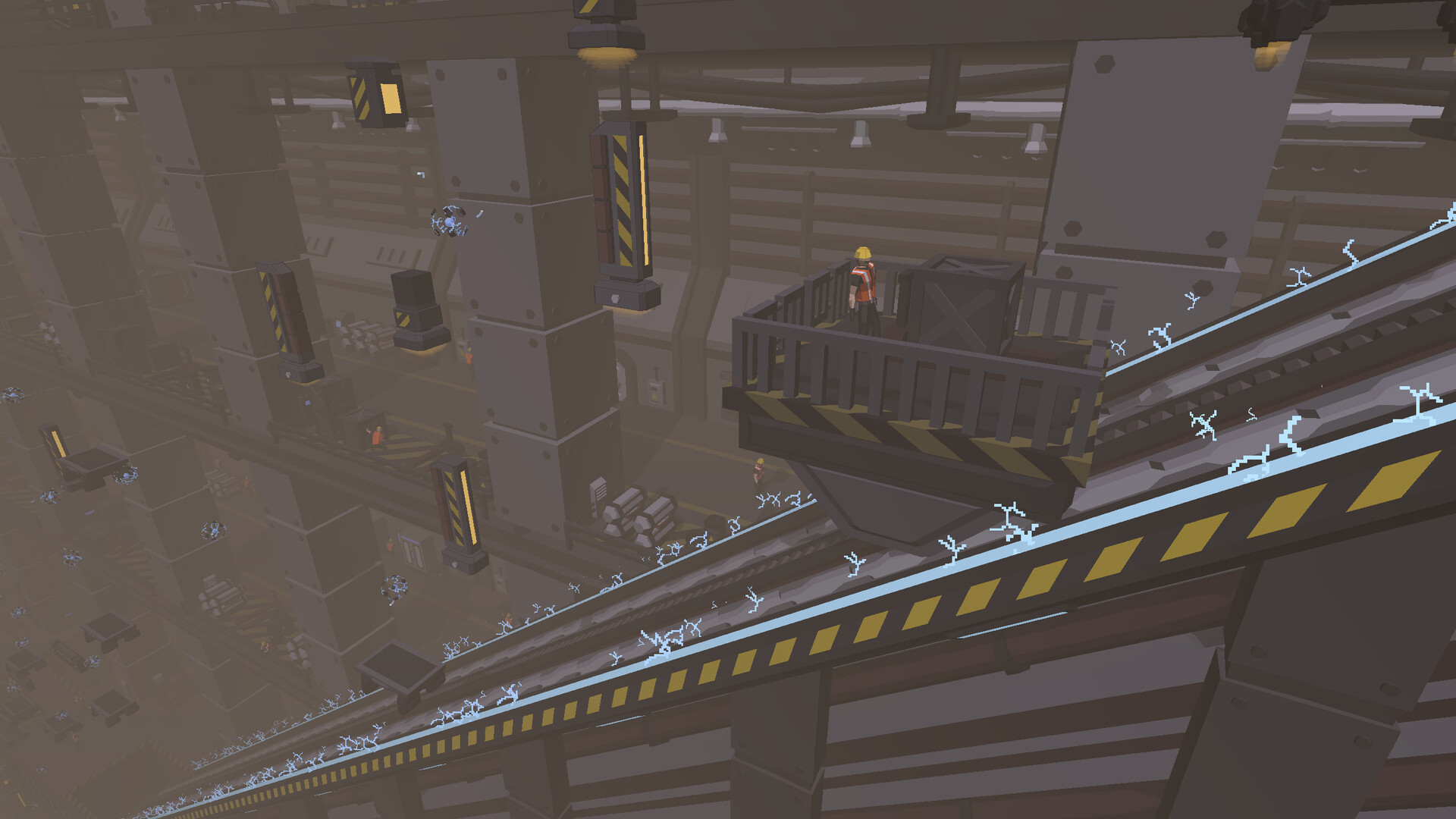 角色懸掛在平台邊緣，下方是深不見底的城市。