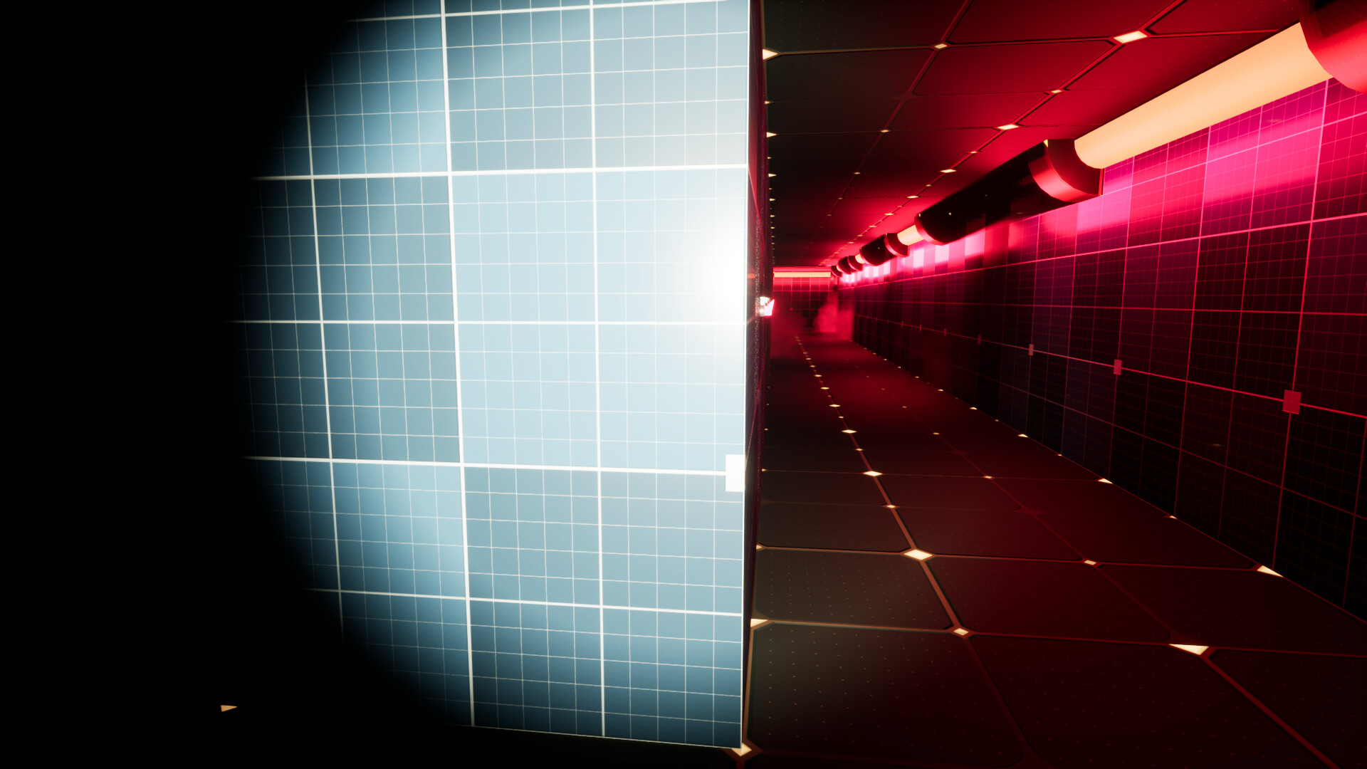 玩家視角,前方是錯落有致的平台和發光的能量體