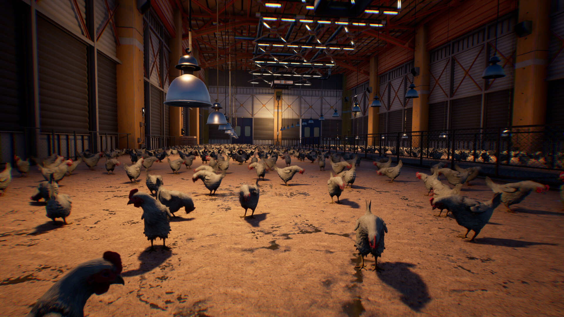 一隻雞在一個光線昏暗、充滿紅色管道和機器的工業區域中奔跑。