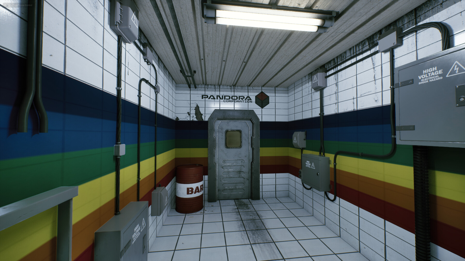 一個黑暗的室內場景，一個機器人角色站在中央，周圍散落著雜物，氣氛懸疑。