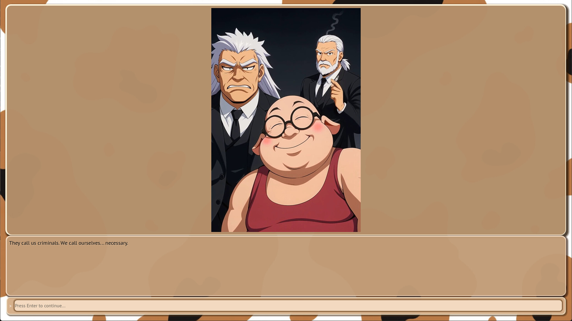 遊戲中的一個場景,角色們似乎在進行一場秘密交易或談判。