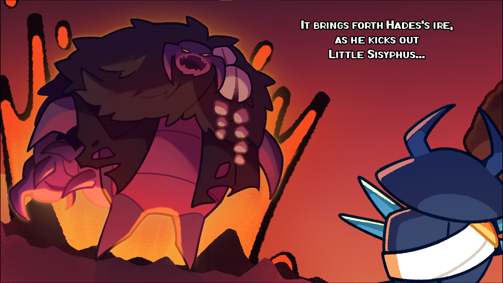 薛西弗斯在一個充滿希臘風格建築的場景中推著糞球。