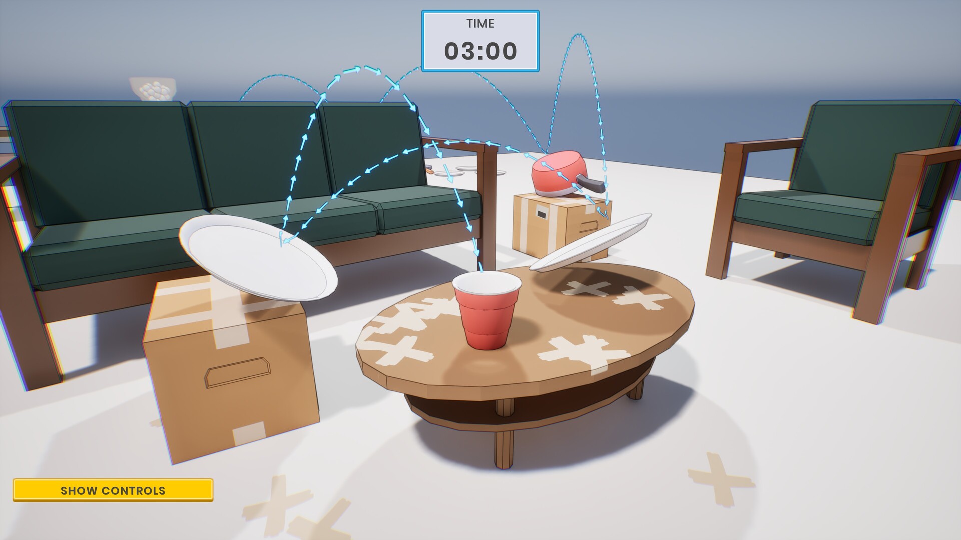 遊戲畫面截圖，展示了玩家如何使用平底鍋等物件引導乒乓球。