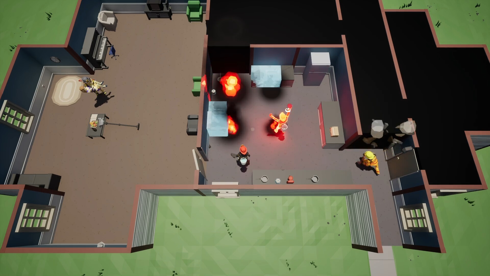 一名消防員正在救援一名倒地的平民，周圍火光熊熊。