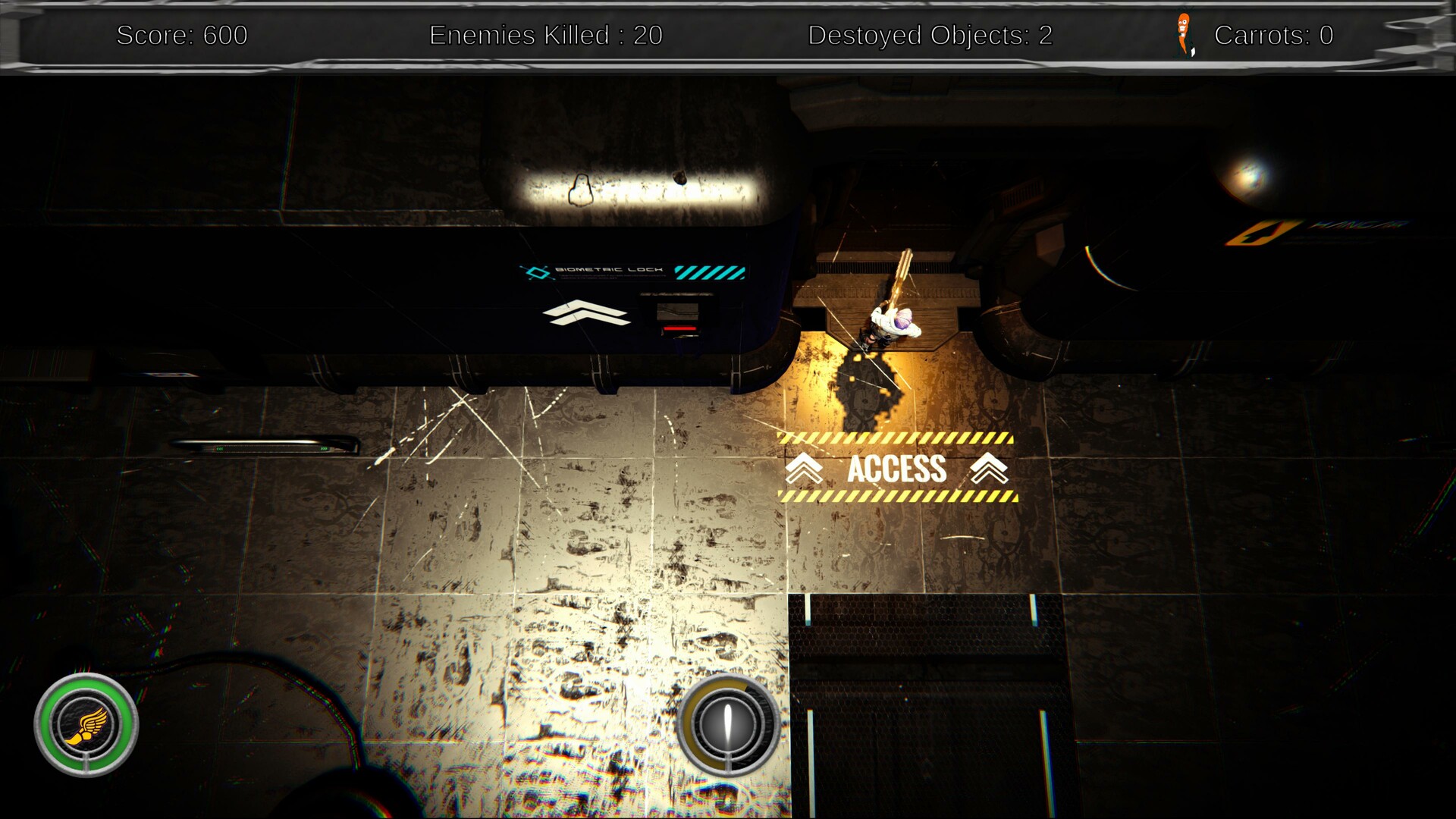 角色被大量機器人敵人包圍,展現了遊戲的彈幕地獄特性。