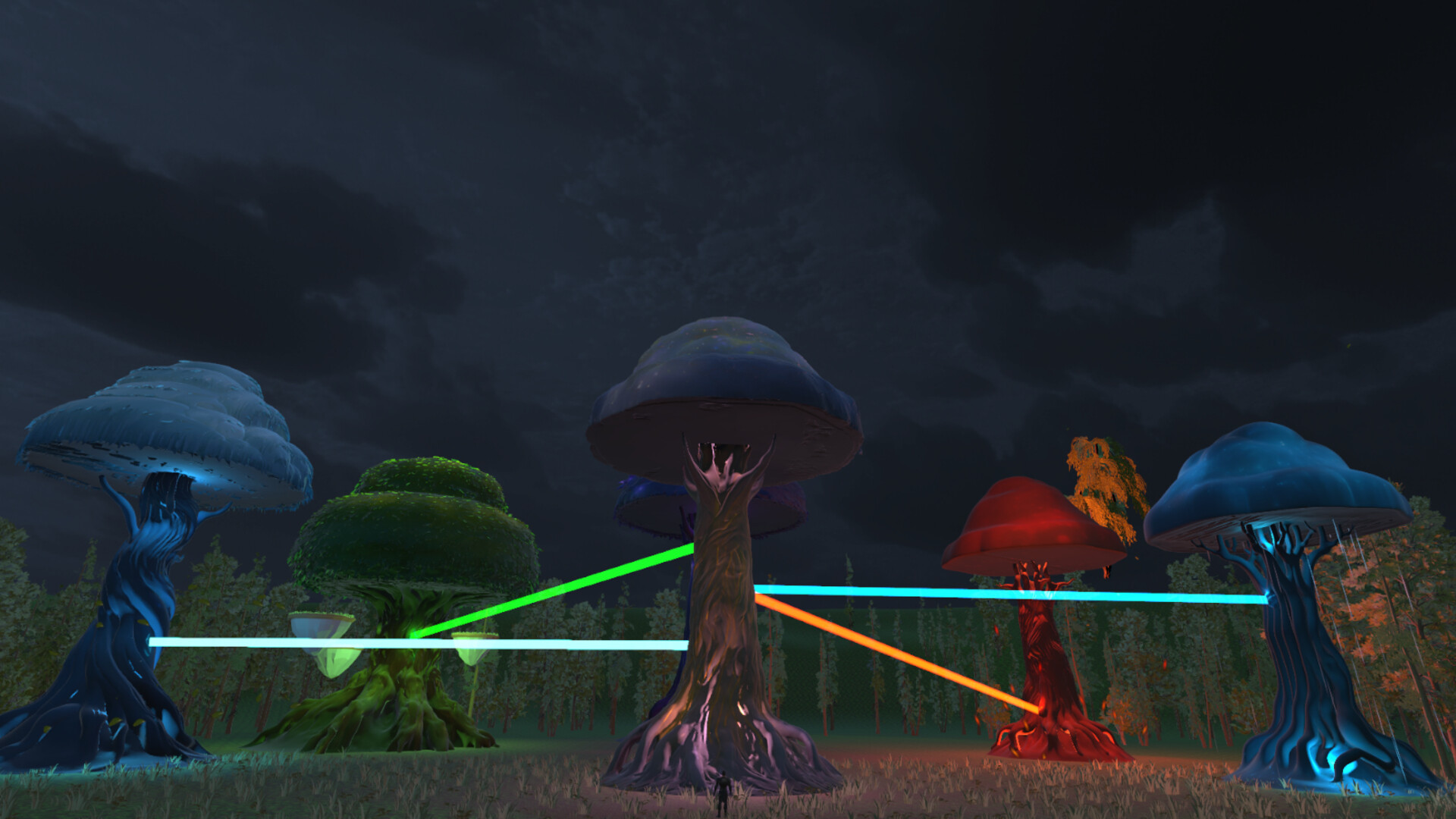 主角站在一處懸崖邊，遠眺被雲霧環繞的巨大建築群。