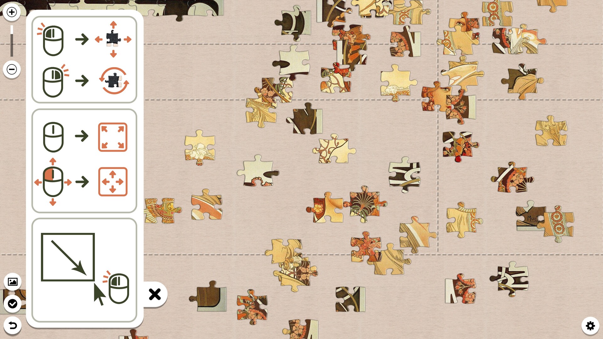 遊戲畫面展示了數塊拼圖碎片散落在木紋背景上,等待玩家拼湊。