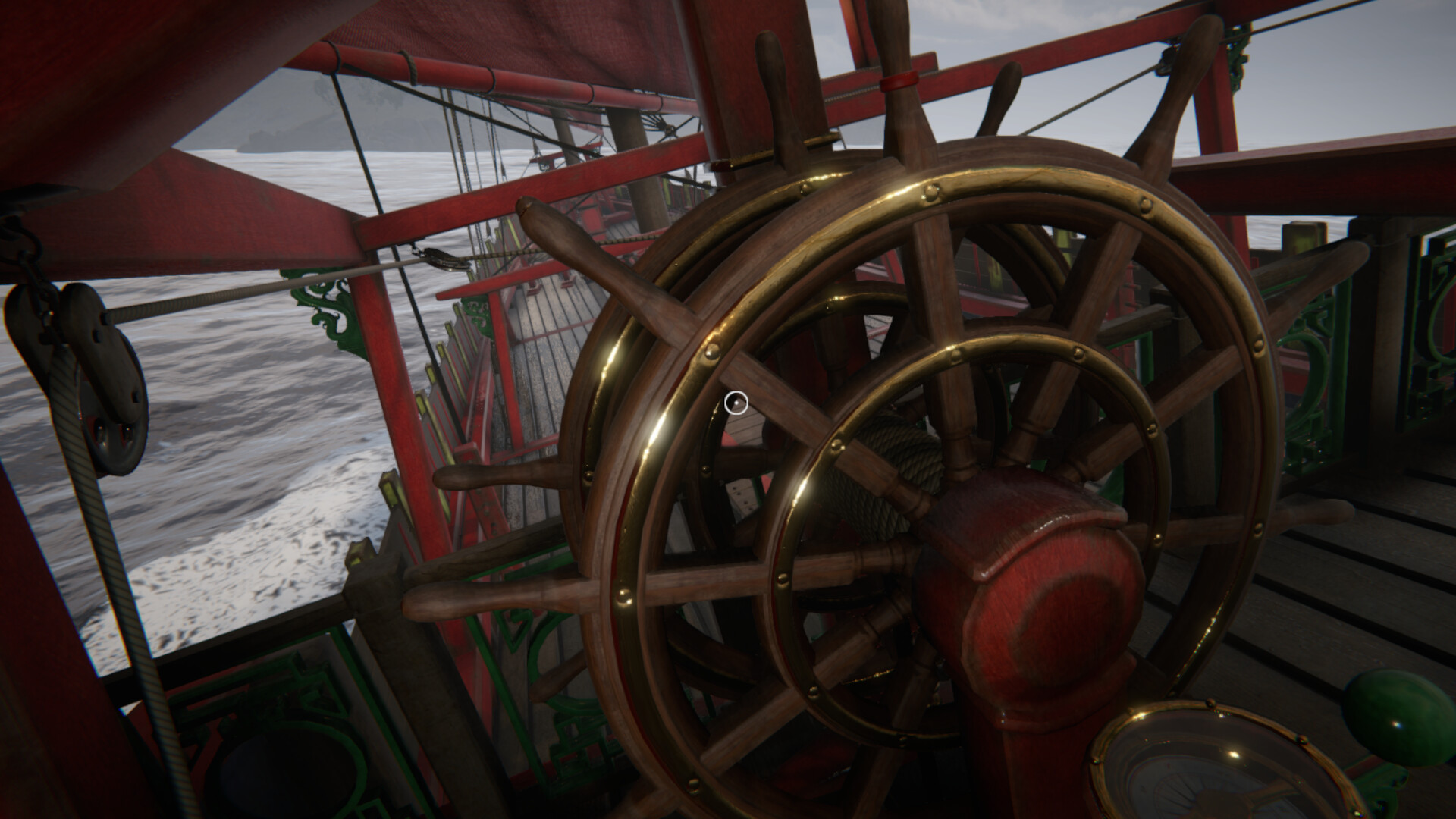 一艘船在《航海經》的風暴中航行，巨大的海浪拍打著船身。