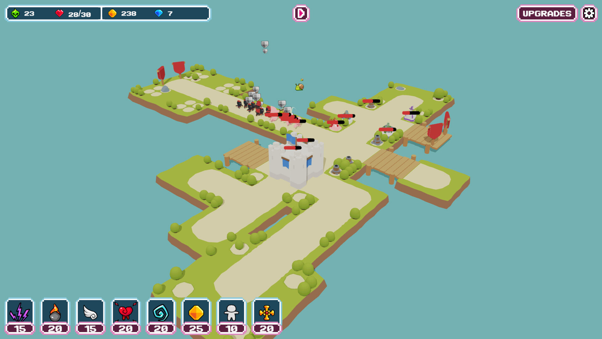 遊戲中的一個夜晚場景，敵人正在沿著發光的路徑前進。