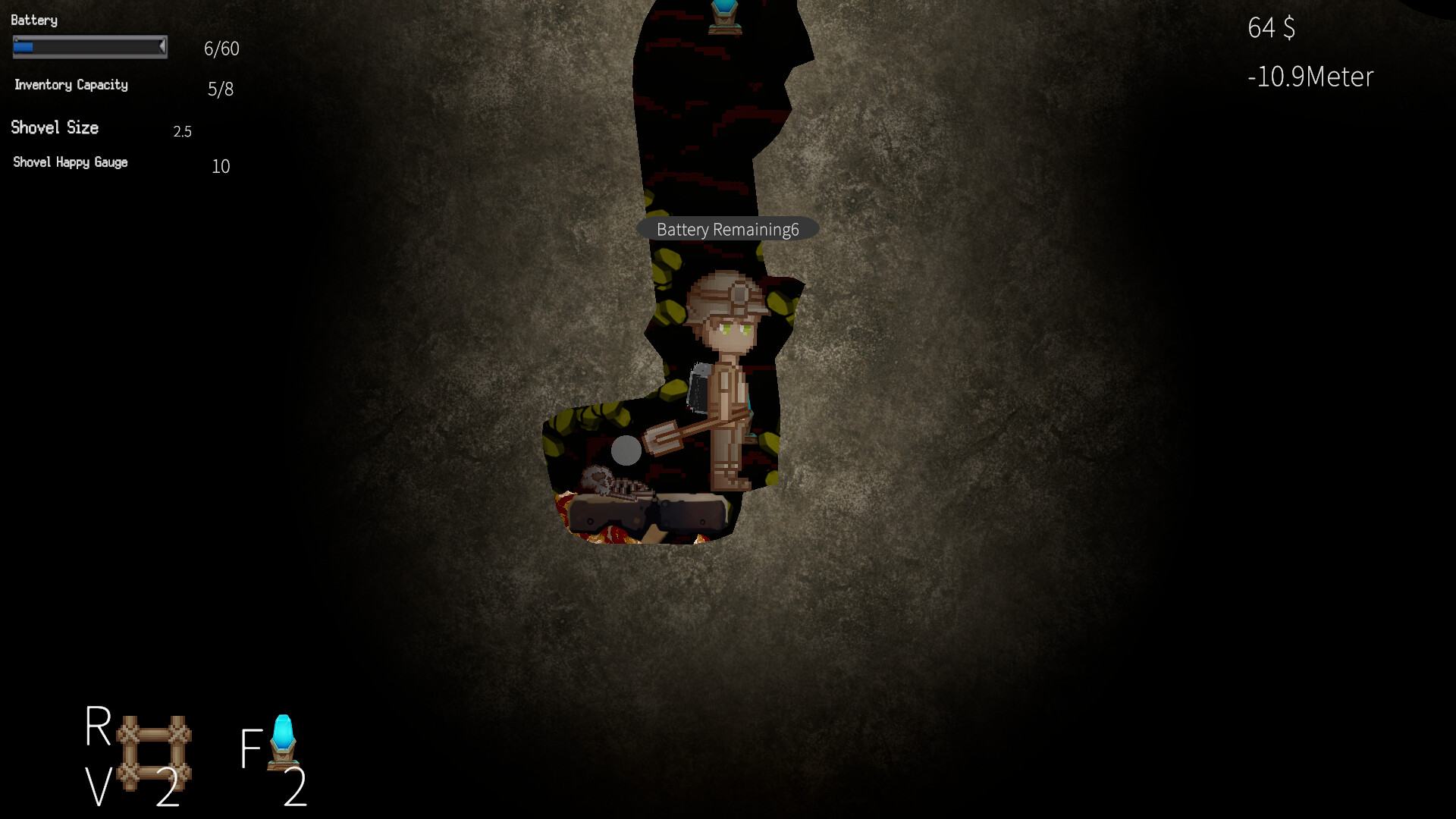 主角在漆黑的礦坑中使用炸藥，照亮了周圍的岩石。