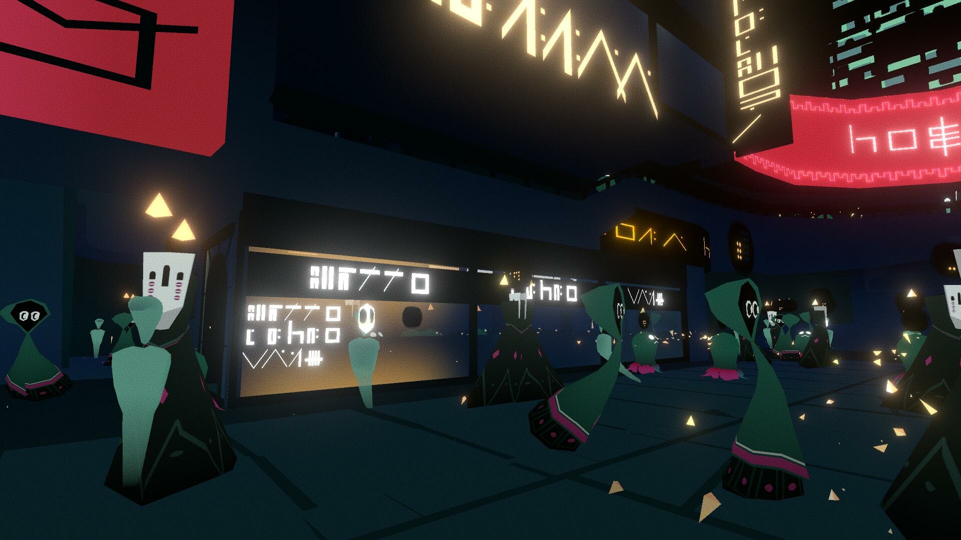 遊戲中的一個場景，展示了獨特的建築風格和色彩運用。