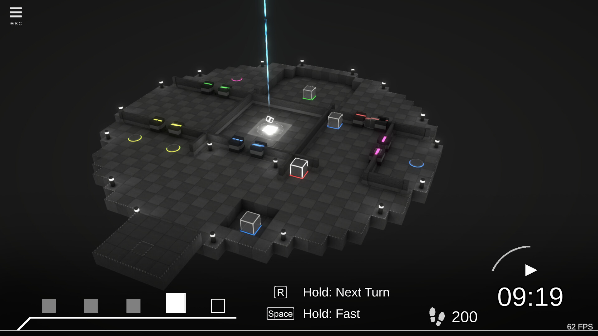 一個充滿黑暗與未來科技感的關卡,霓虹燈管勾勒出建築輪廓,氛圍神秘。