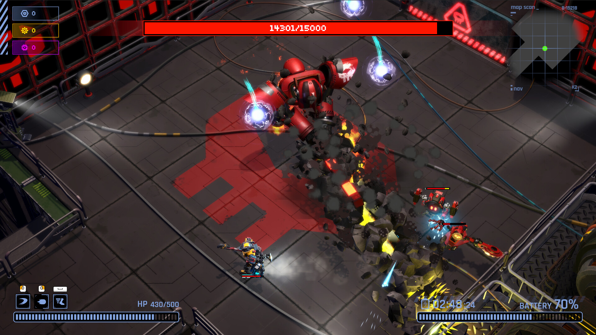 主角機兵在充滿科幻風格的場景中與敵人作戰。