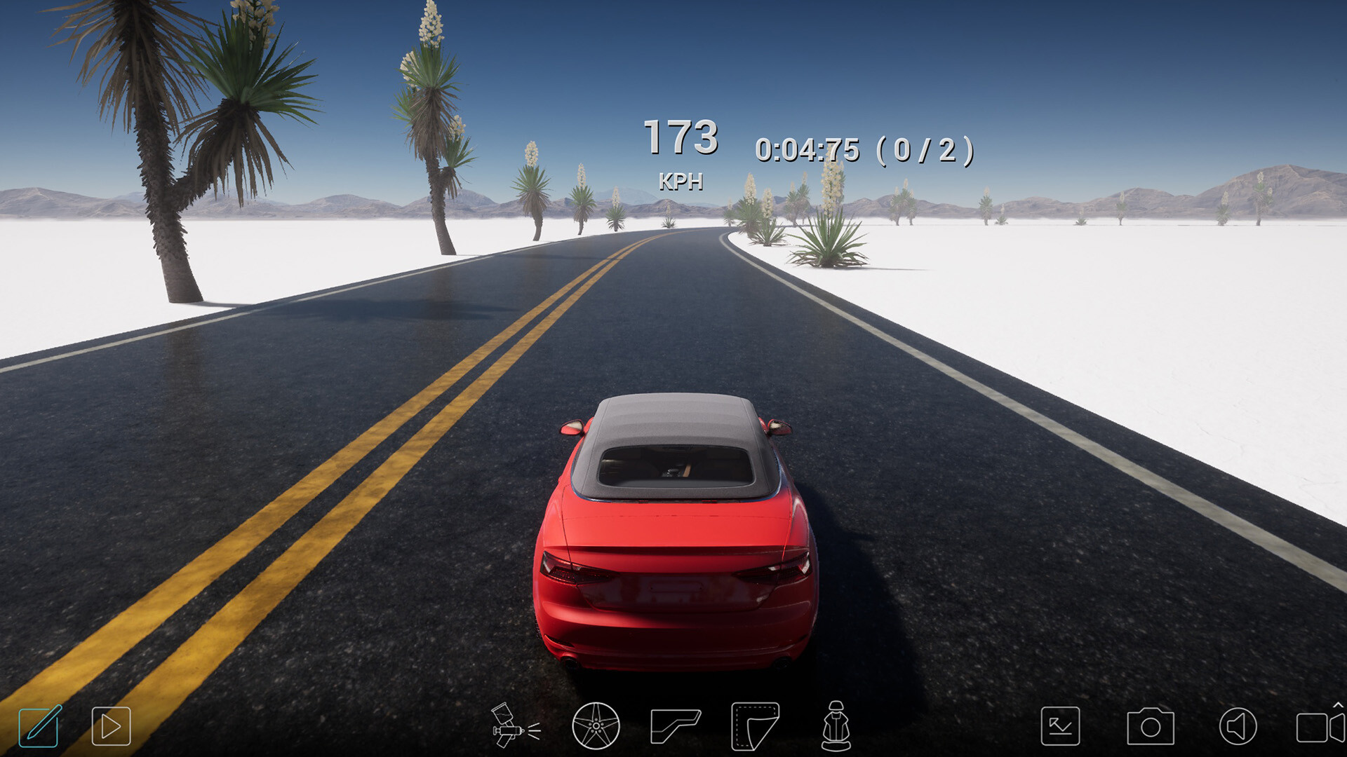 一輛跑車在雨夜的城市街道上行駛,地面反射著霓虹燈的光芒。