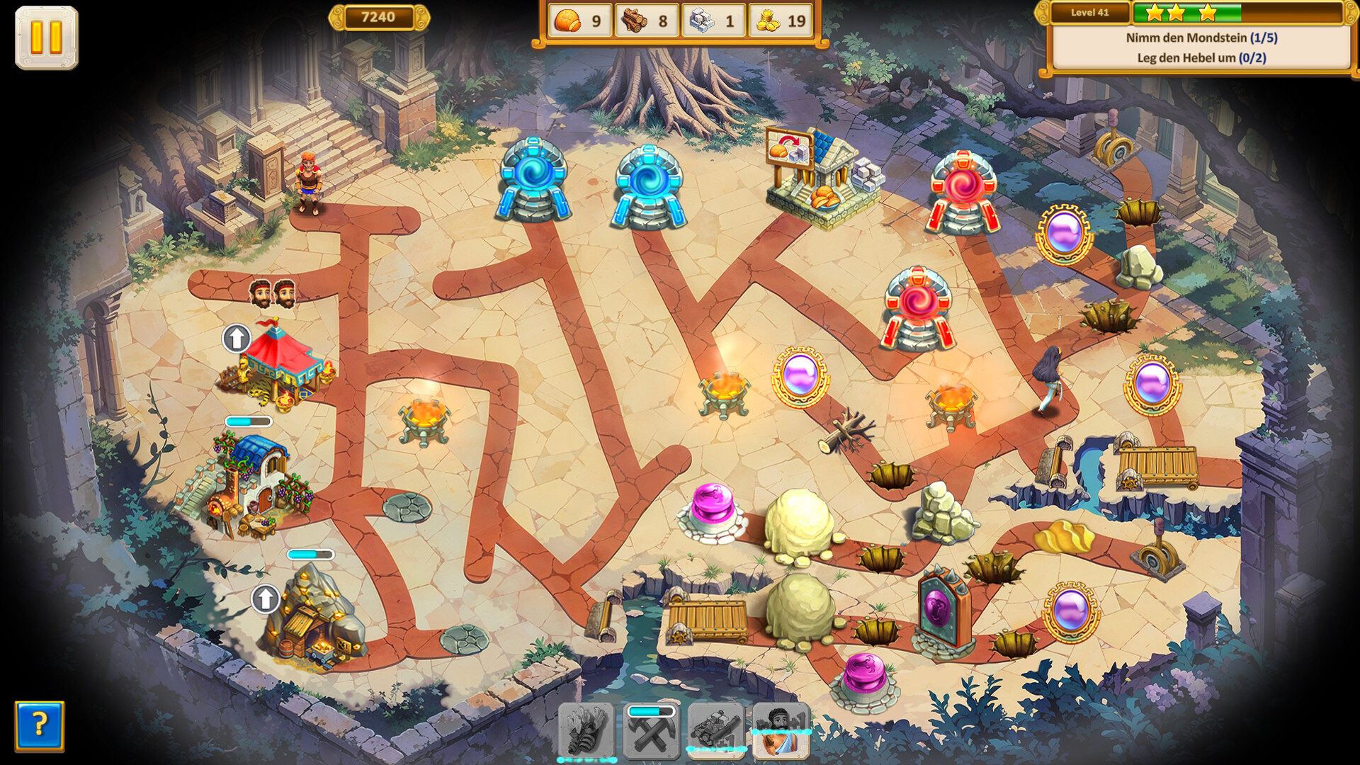 遊戲中的一個關卡，展示了海邊的場景與需要修復的建築