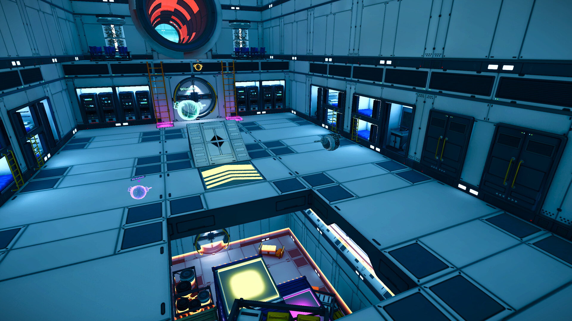 一個充滿科技感的數據中心場景，可能是 RollBot 遊戲中的一個關卡。